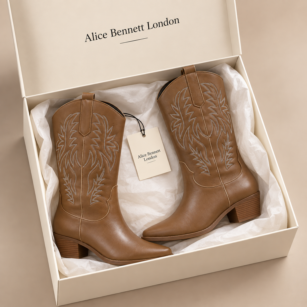 Claire Western Boots in an Alice Bennett London shoebox