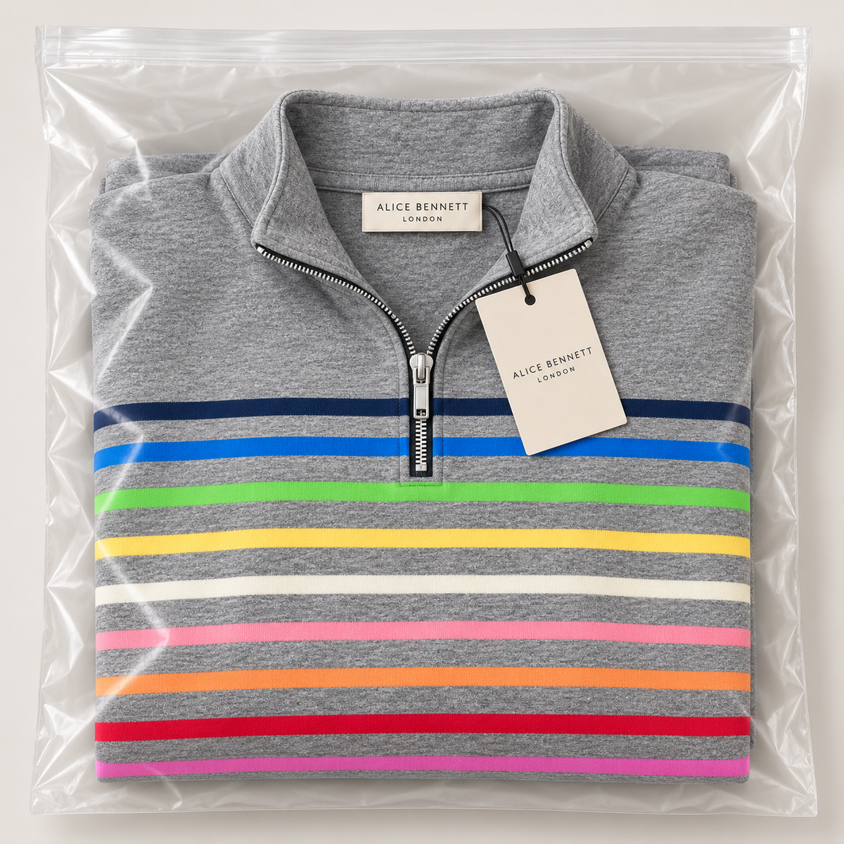 Corinelle soft-touch striped half-zip sweatshirt in Alice Bennett London packaging