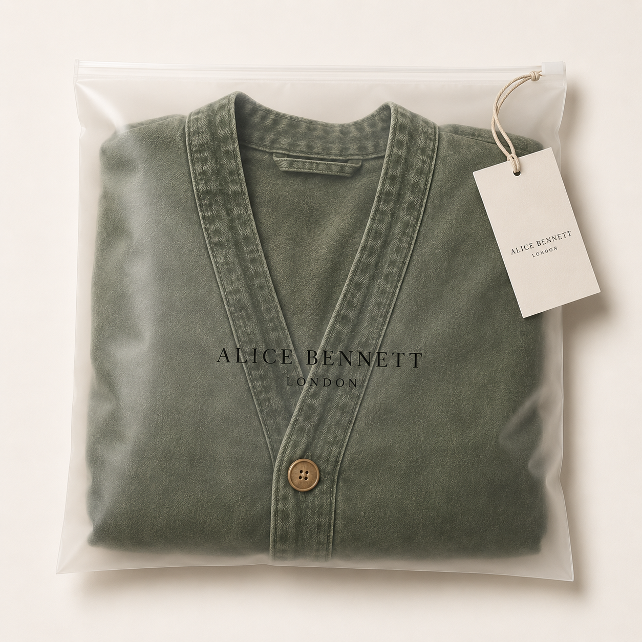 Corriveau washed denim-look jacket folded in an Alice Bennett London garment bag