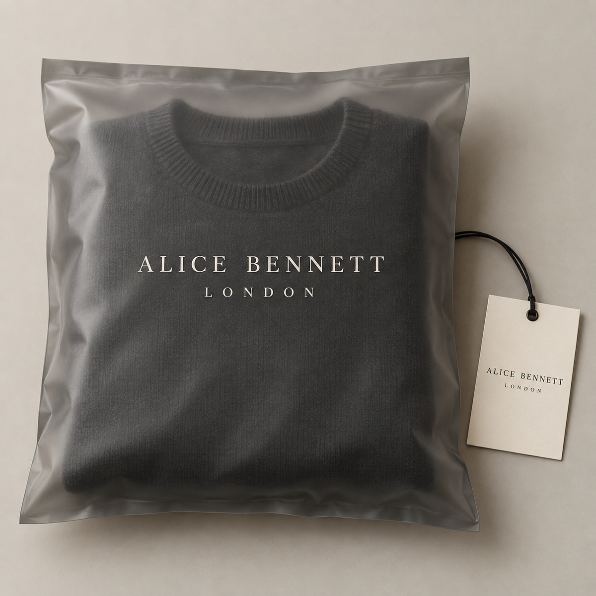 Alice Bennett London packaging with folded Corvyn sweater and hangtag