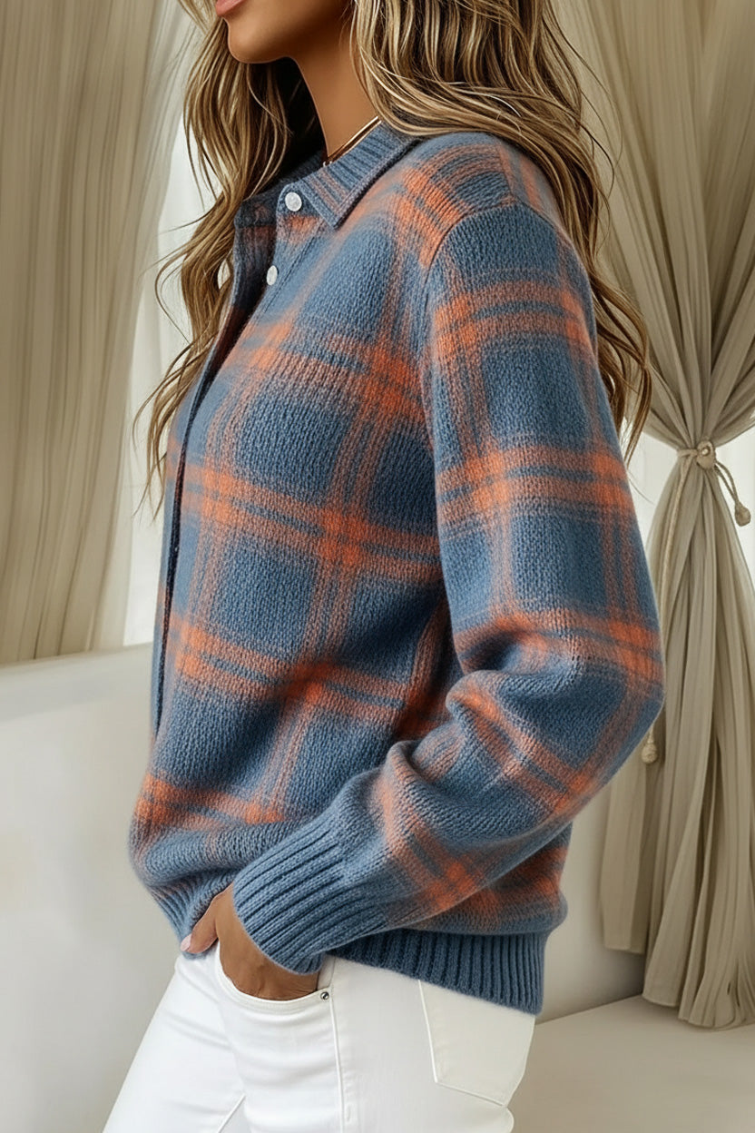 Plaid Print Casual Cotton Buttoned Cardigan Sweater