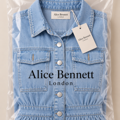 Deborah light blue denim midi dress folded in Alice Bennett London branded packaging