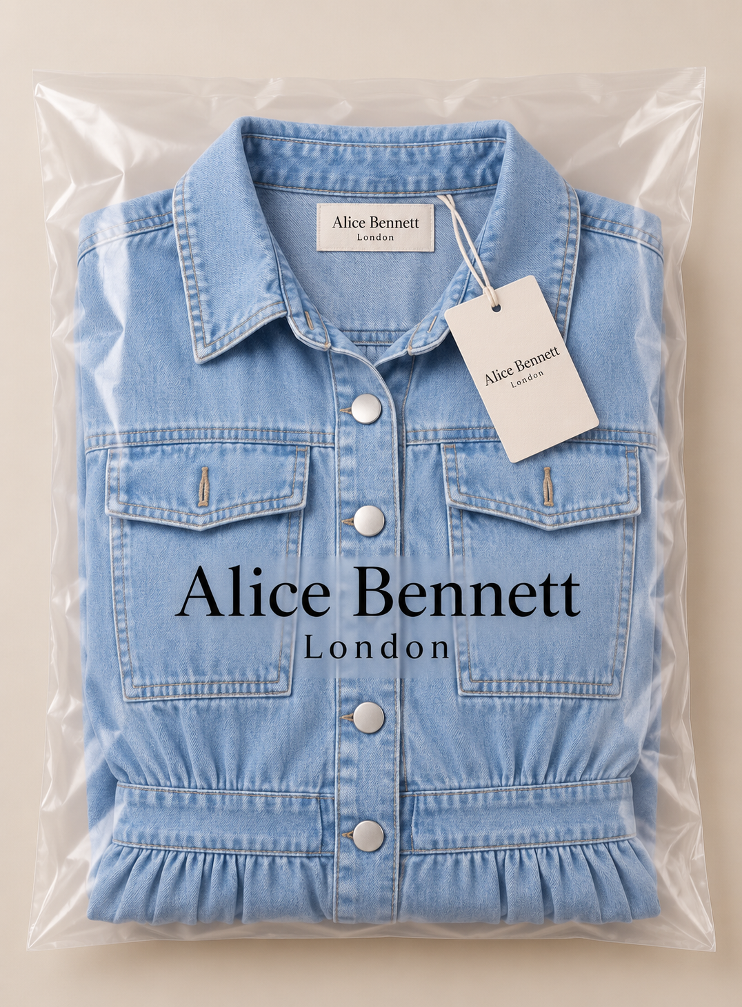 Deborah light blue denim midi dress folded in Alice Bennett London branded packaging