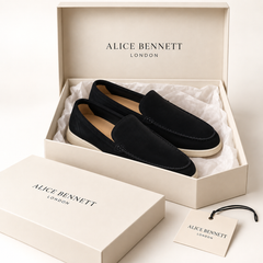 Declan black loafers in an Alice Bennett London shoebox
