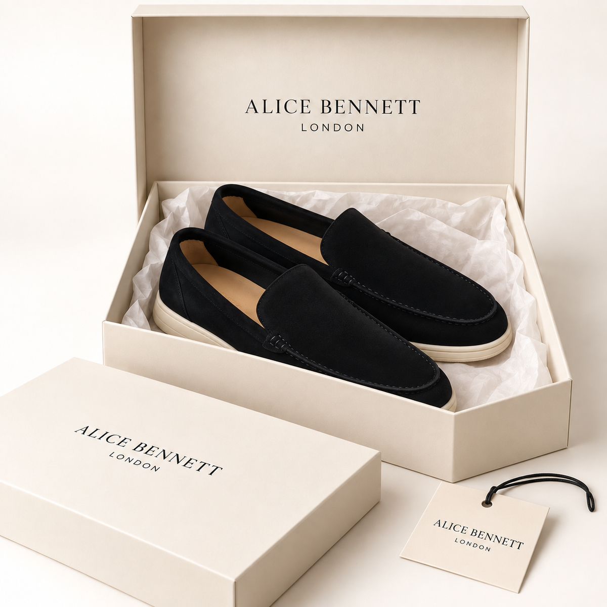 Declan black loafers in an Alice Bennett London shoebox
