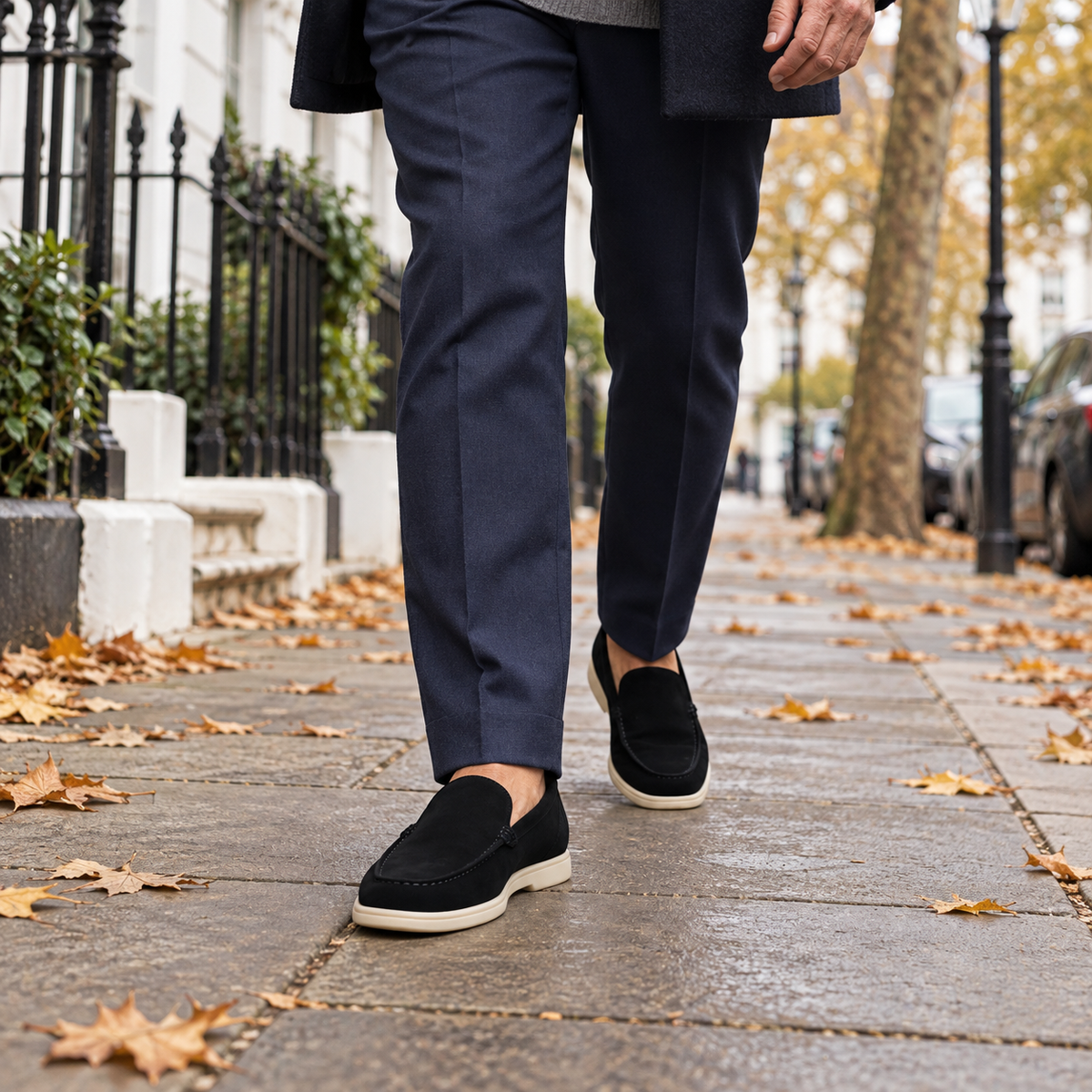 Declan black loafers with cream outsole worn in London