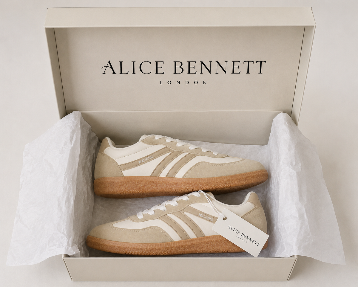 Deliza orthopaedic trainers in an Alice Bennett London shoebox with logo inside lid and hangtag