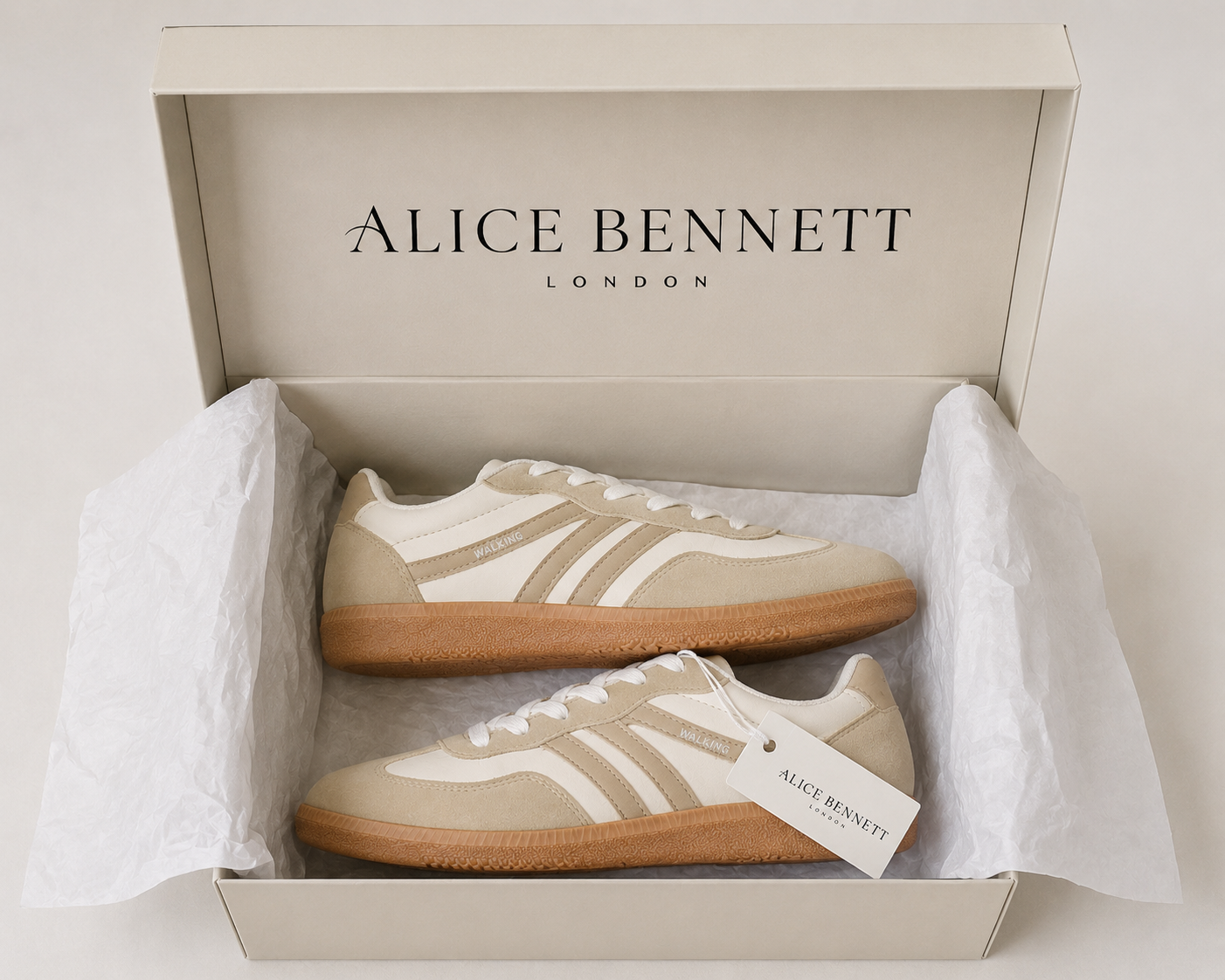 Deliza orthopaedic trainers in an Alice Bennett London shoebox with logo inside lid and hangtag