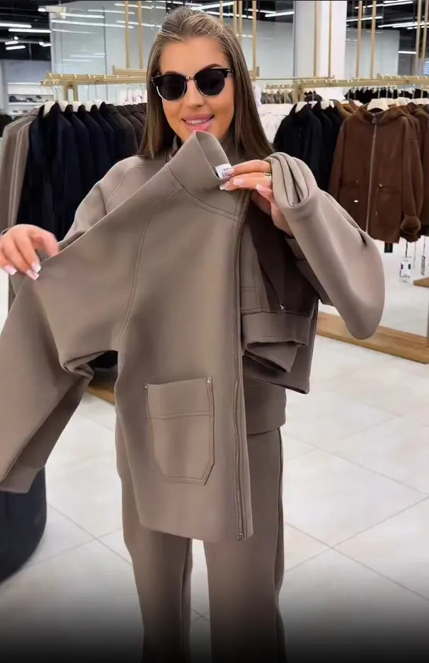 Floranique | Soft-Touch Cropped Jacket & Wide-Leg Trousers Set
