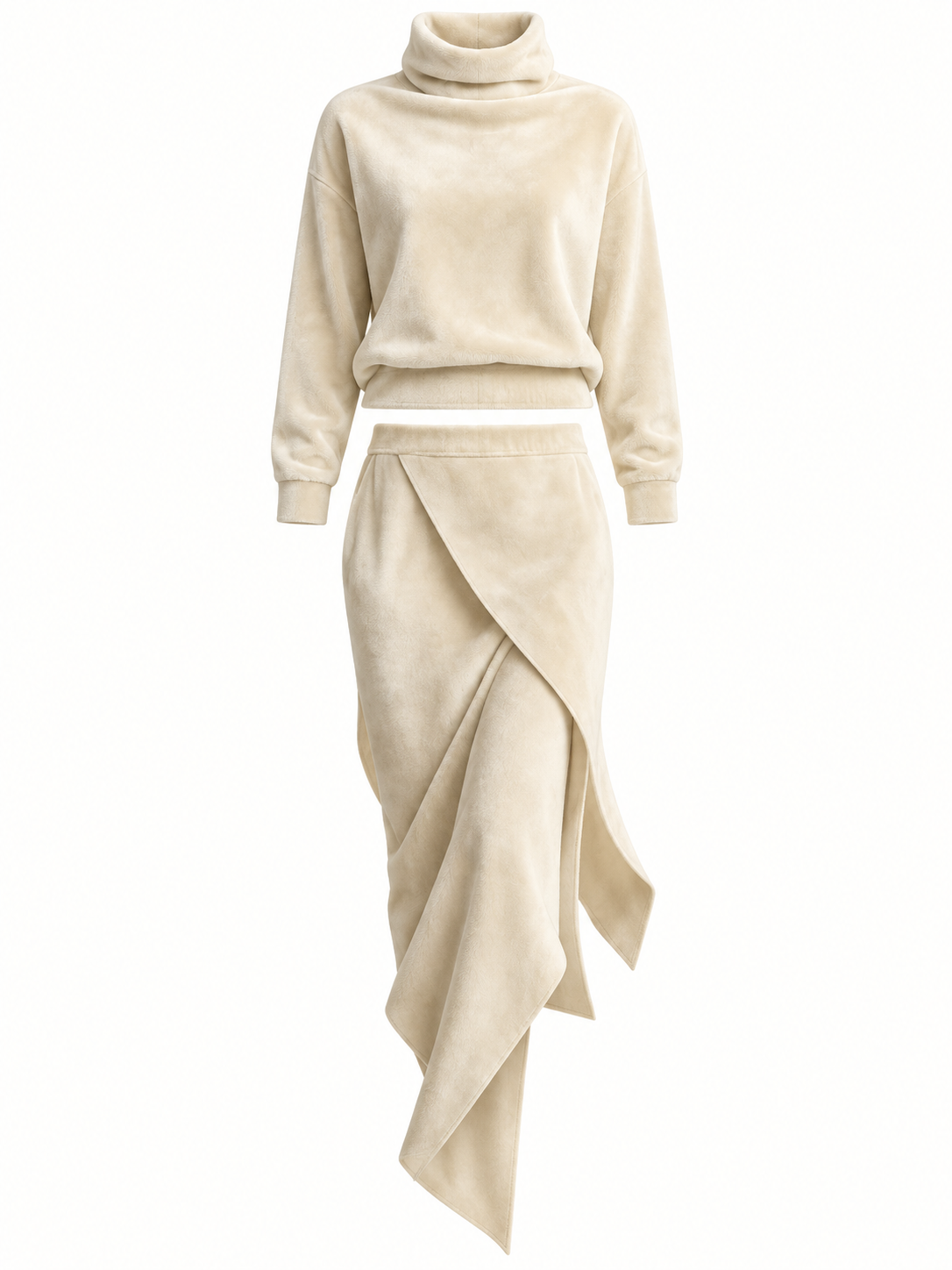 Elara cream velour two-piece set on white background