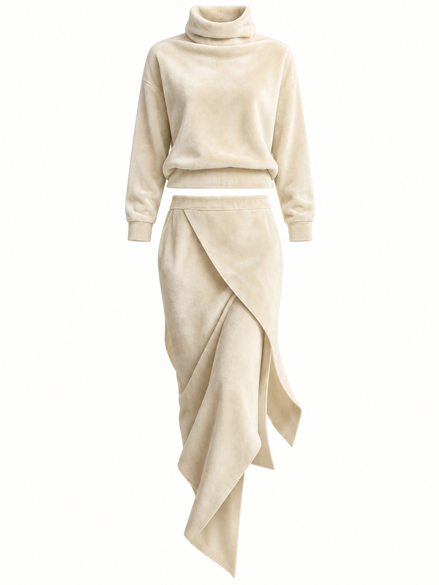 Elara cream velour two-piece set on white background