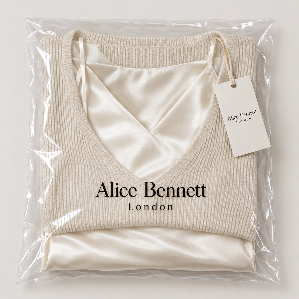 Elena satin midi dress with built-in sweater in Alice Bennett London packaging