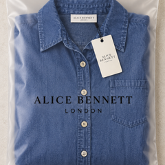 Eliza light blue button-front denim maxi dress in Alice Bennett London branded packaging
