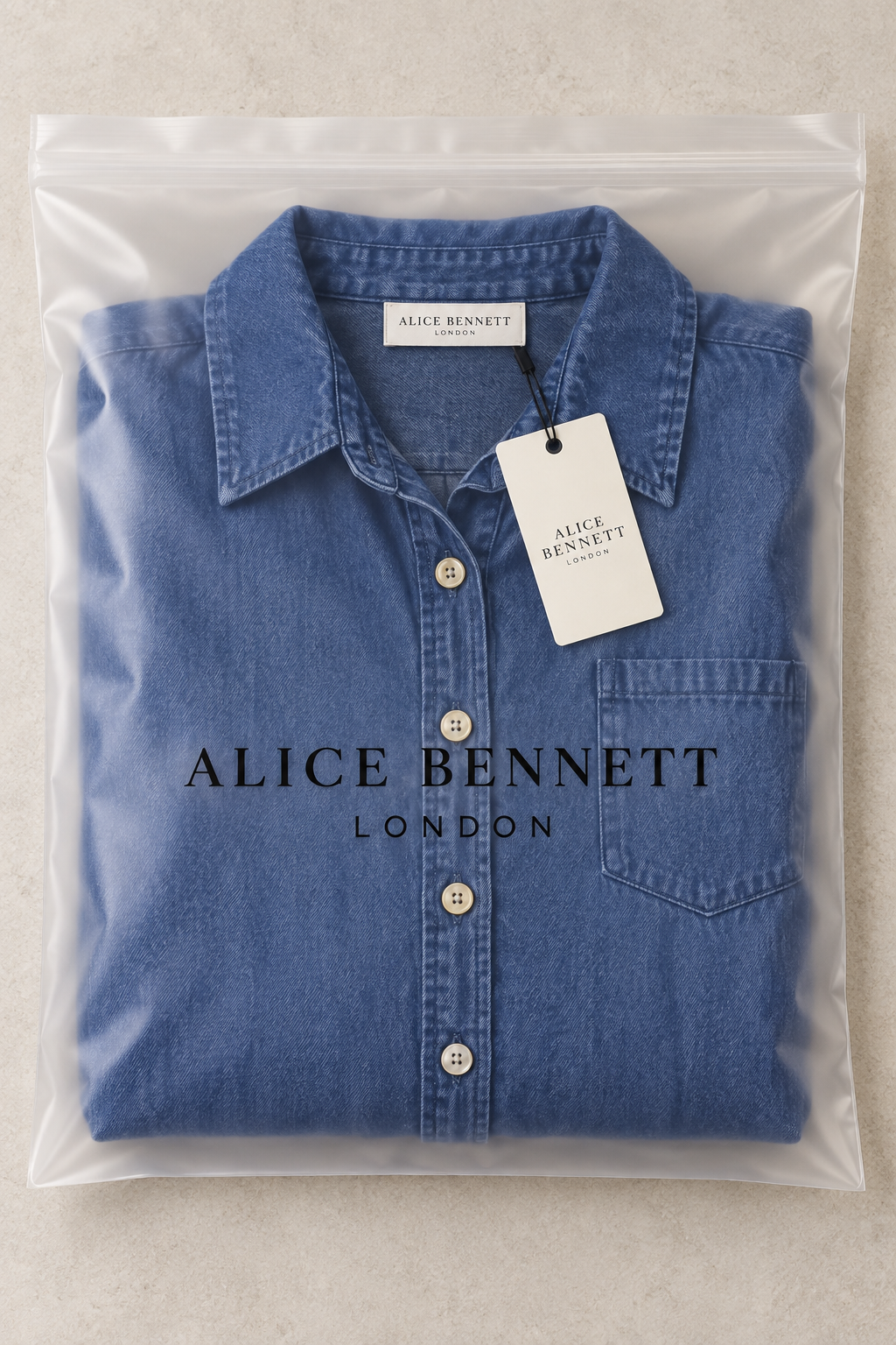 Eliza light blue button-front denim maxi dress in Alice Bennett London branded packaging