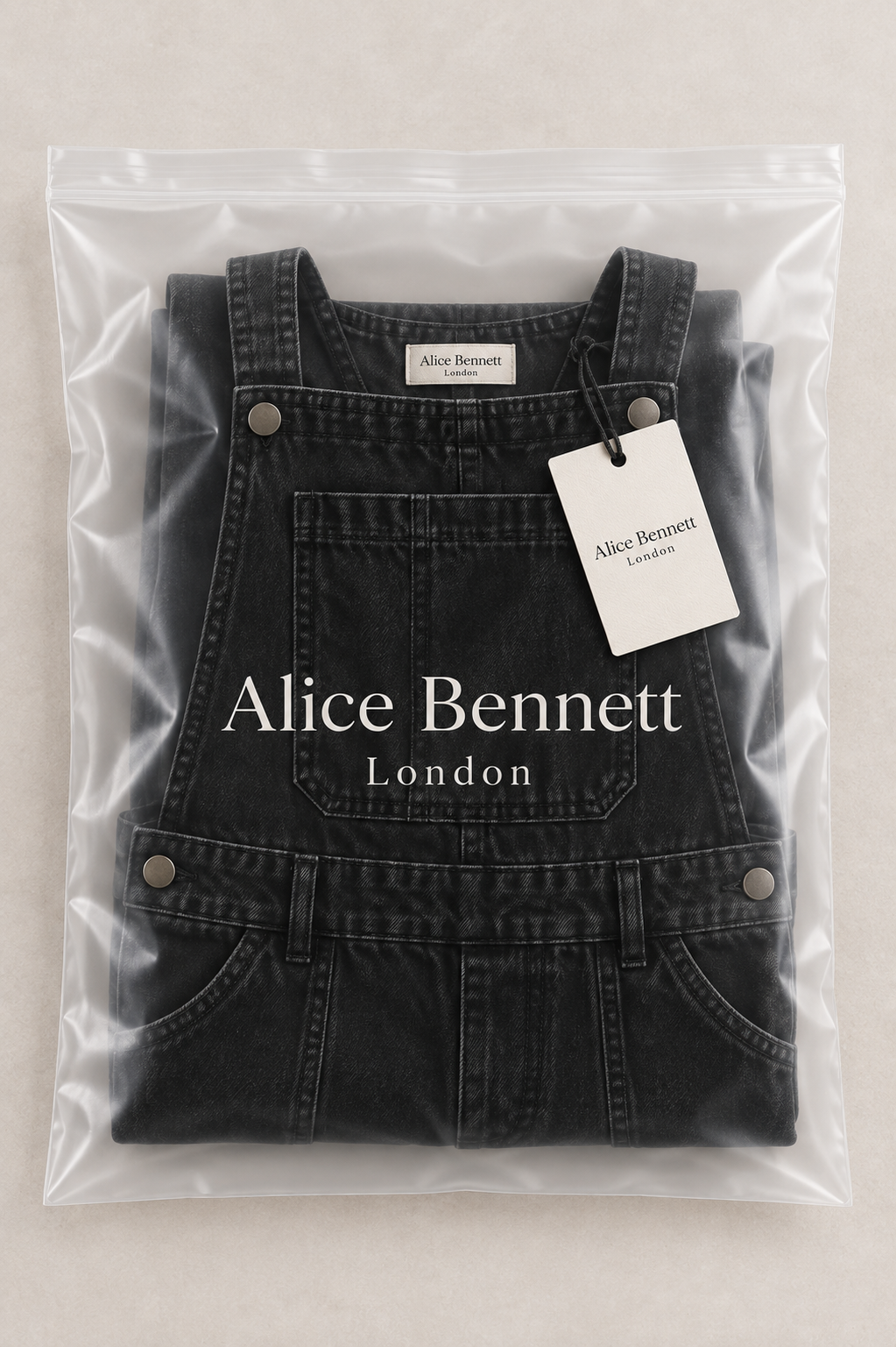 Elizabeth black denim dungarees in Alice Bennett London branded packaging