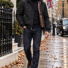 Man wearing the Elliot quilted fleece-lined jacket on a London street
