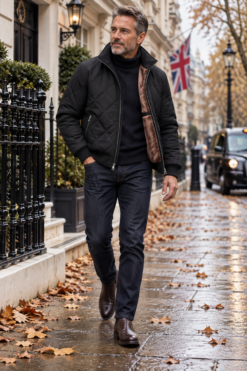 Man wearing the Elliot quilted fleece-lined jacket on a London street