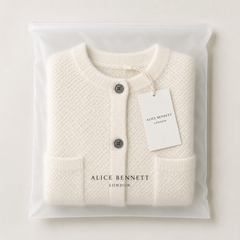 White Elysian cardigan in Alice Bennett London packaging