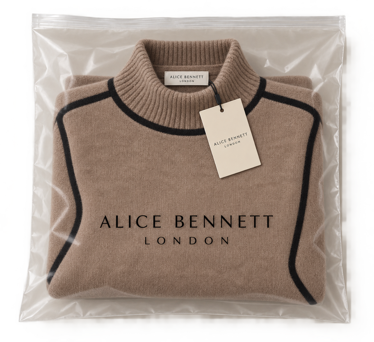 Emilie brown piped turtleneck jumper in Alice Bennett London packaging