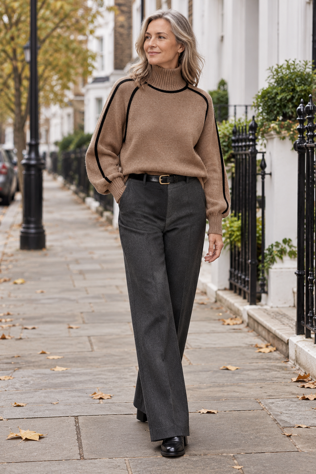 Emilie brown piped turtleneck jumper worn in London