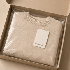Folded beige Emma sweater in Alice Bennett London packaging