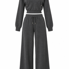 Elodie charcoal cropped hoodie and wide-leg trousers set on white background