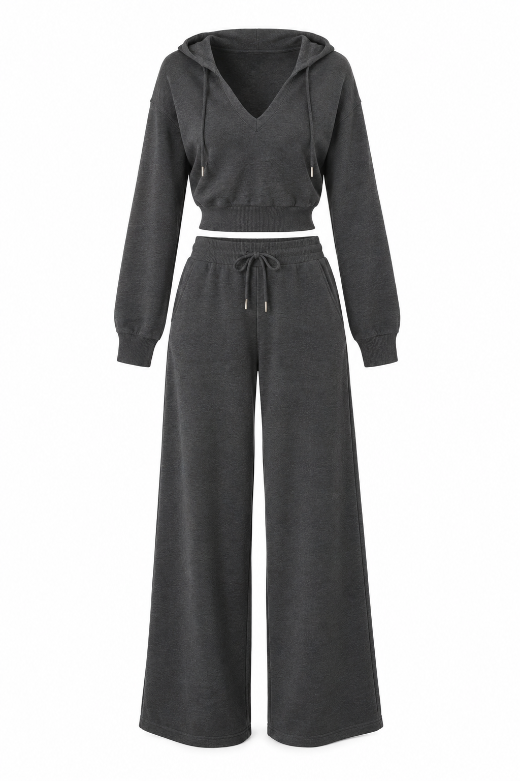 Elodie charcoal cropped hoodie and wide-leg trousers set on white background