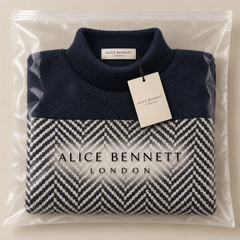 Eva navy and cream textured sweater in Alice Bennett London packaging