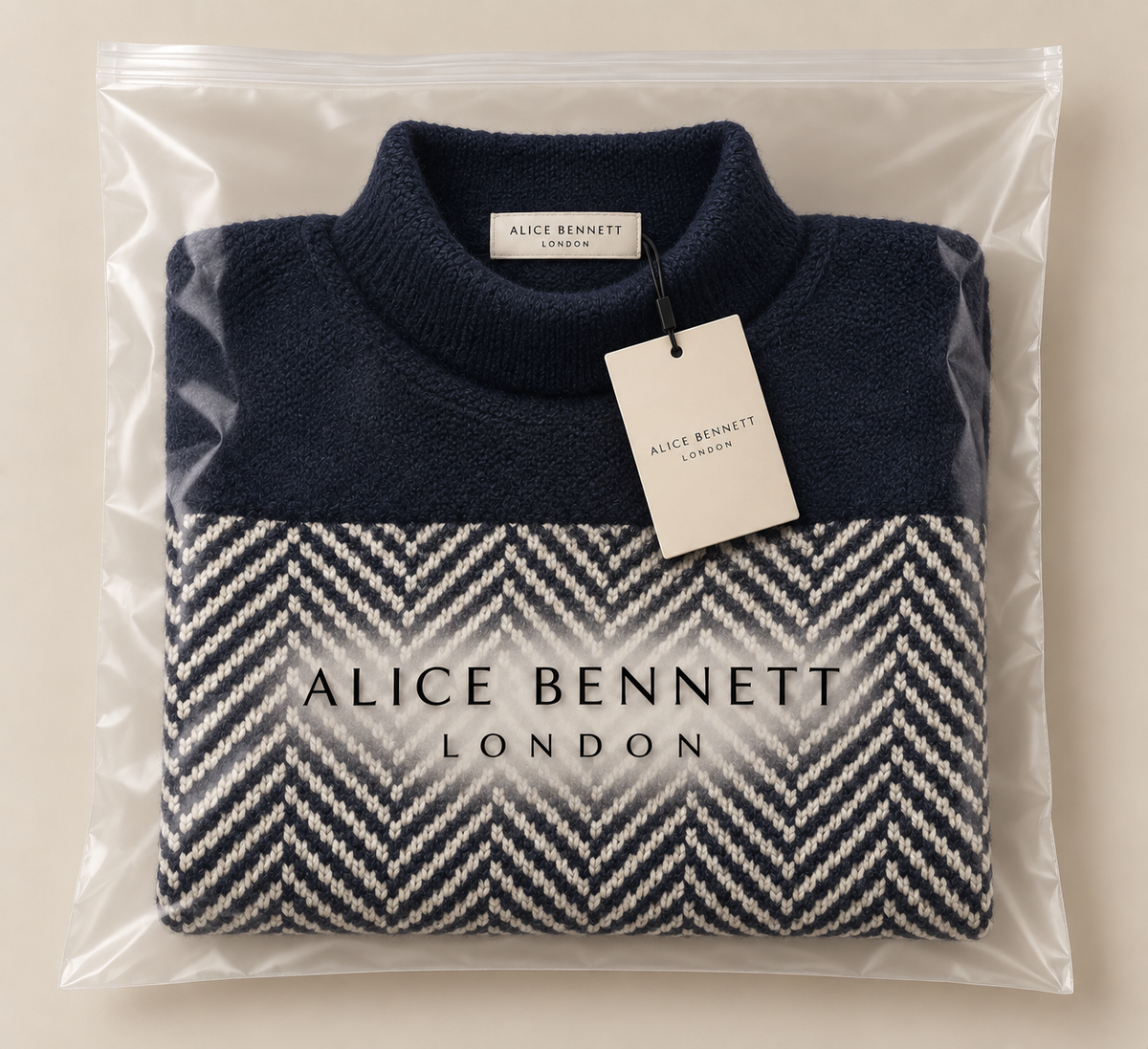Eva navy and cream textured sweater in Alice Bennett London packaging