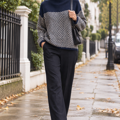 Eva navy and cream textured sweater worn in London