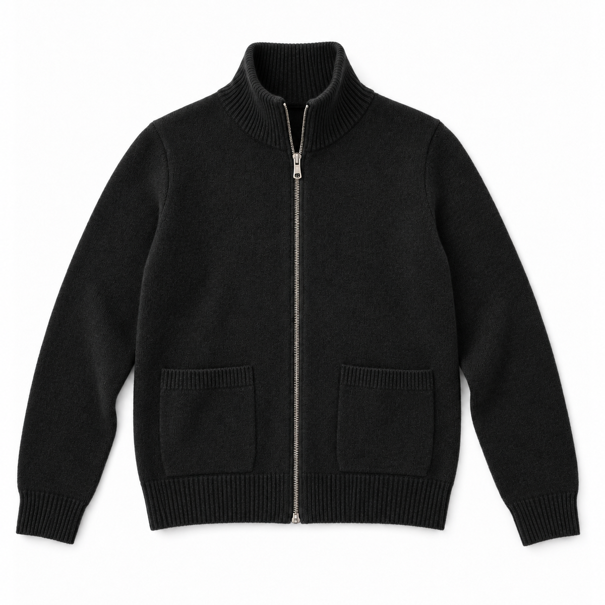 Evelyn black zip cardigan on a white background
