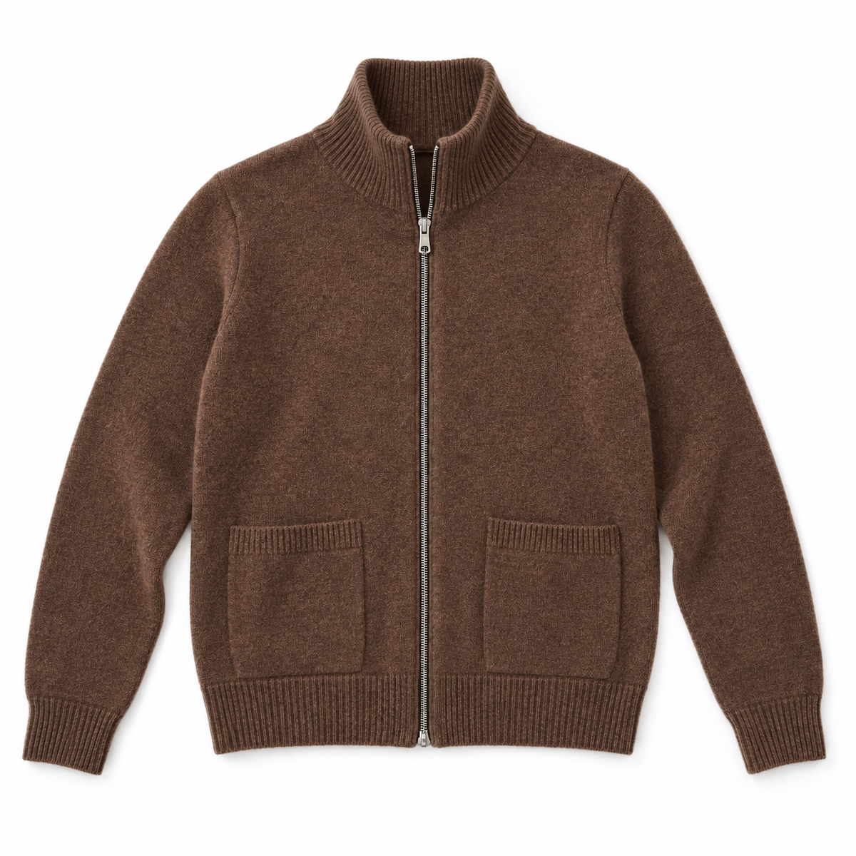 Evelyn brown zip cardigan on a white background