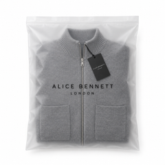 Evelyn grey zip cardigan in Alice Bennett London packaging with hangtag