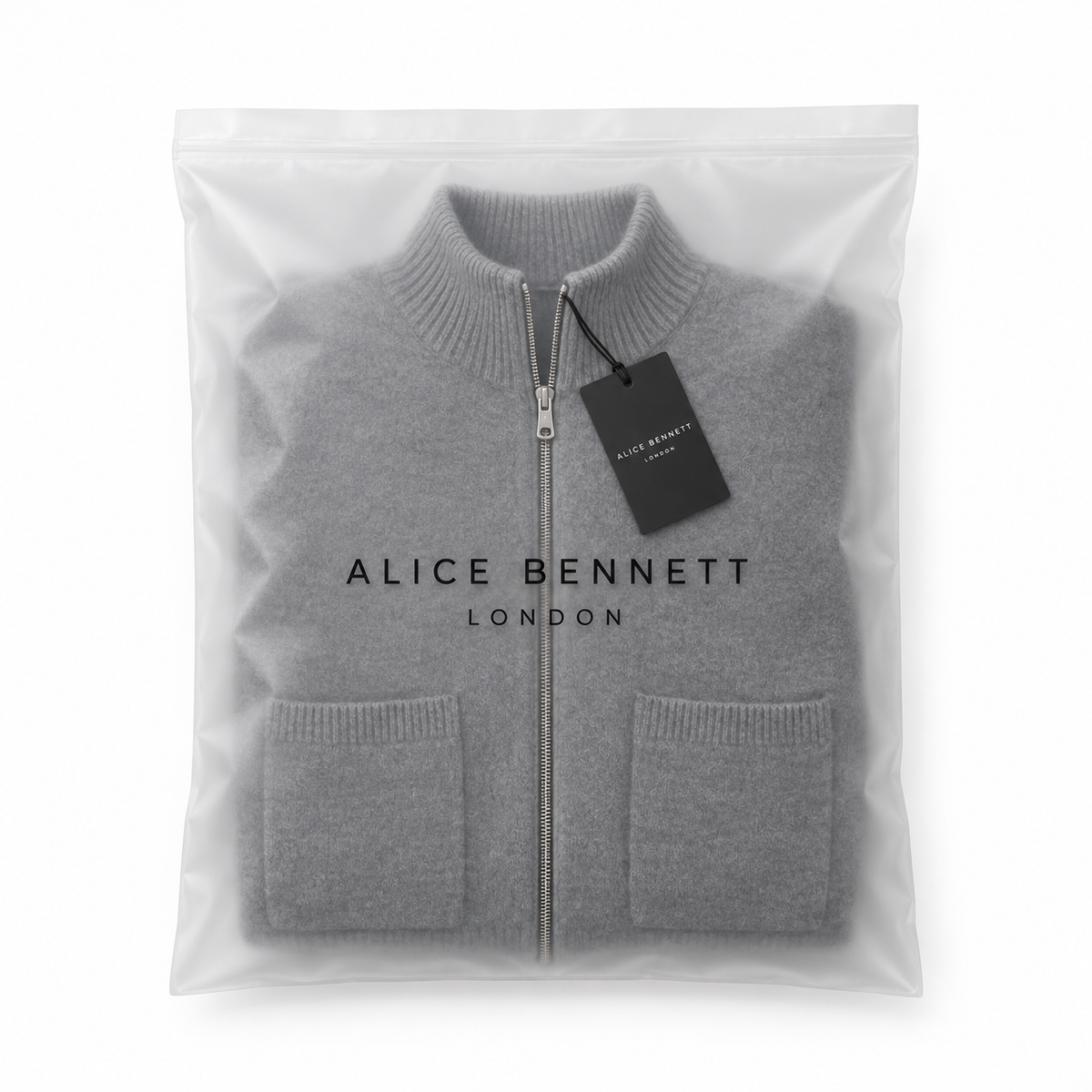 Evelyn grey zip cardigan in Alice Bennett London packaging with hangtag