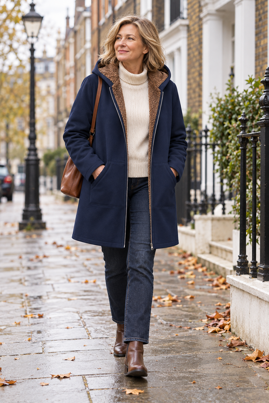 Woman wearing the Evelyn sherpa-lined hooded coat on a London street