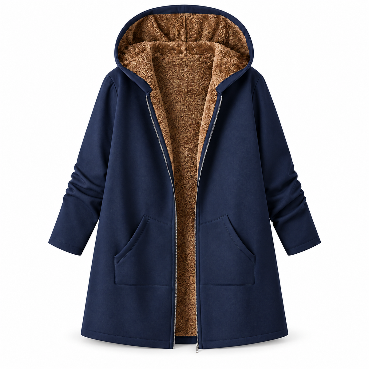 Evelyn navy sherpa-lined hooded coat on white background