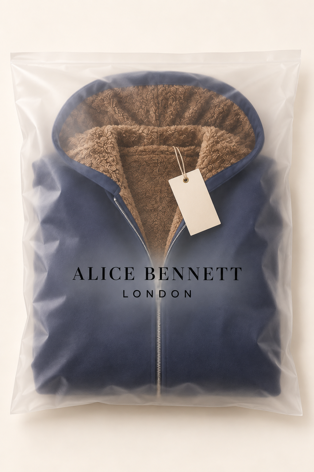 Evelyn sherpa-lined hooded coat in Alice Bennett London packaging with hangtag