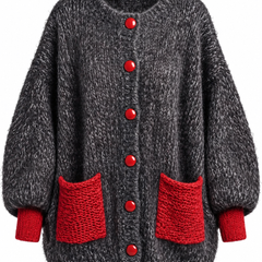 Bellorine textured knit cardigan in charcoal and red on a white background