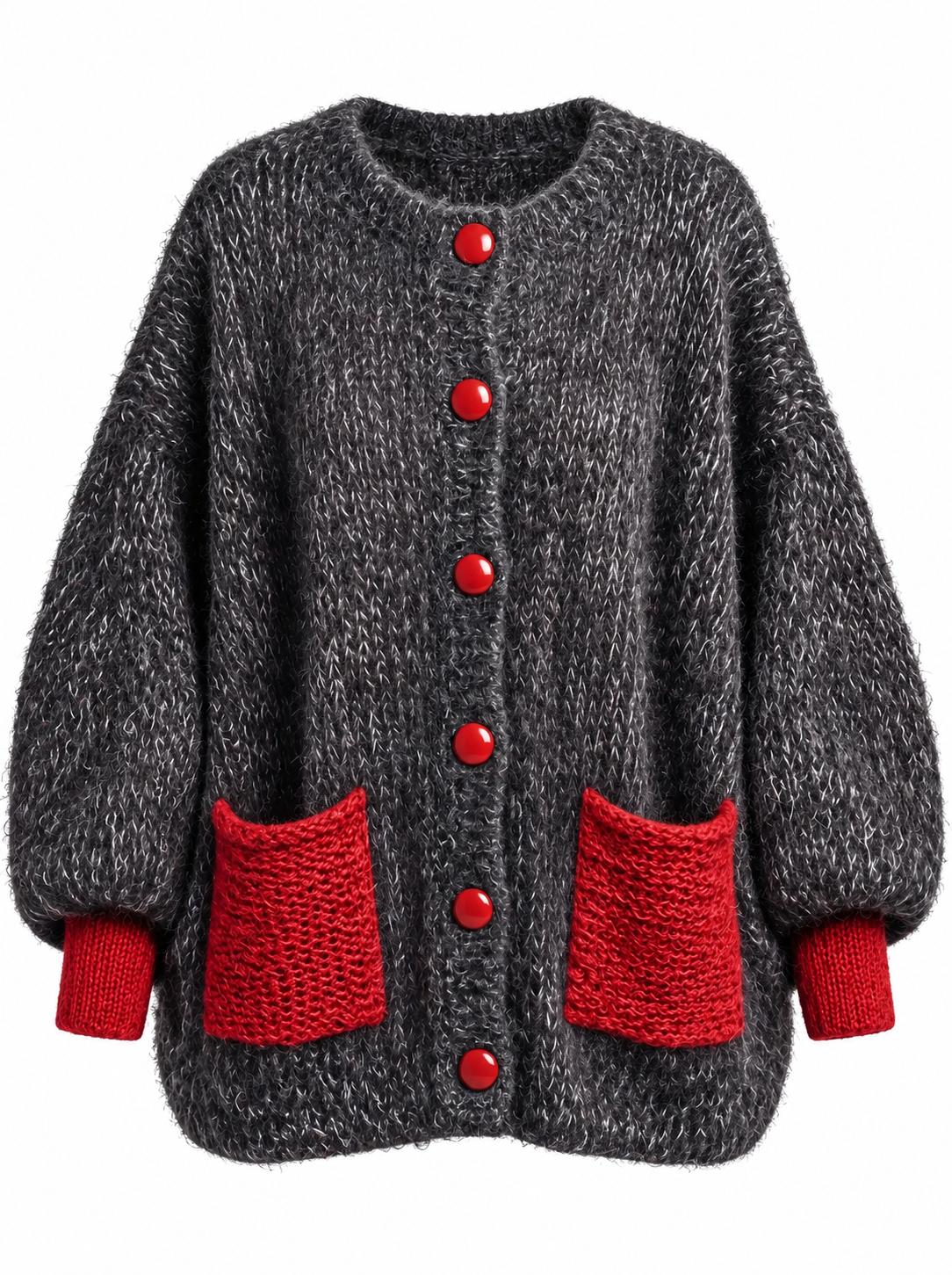 Bellorine textured knit cardigan in charcoal and red on a white background