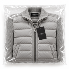 Kylian grey quilted knit jacket shown in Alice Bennett London packaging with hangtag and neck label