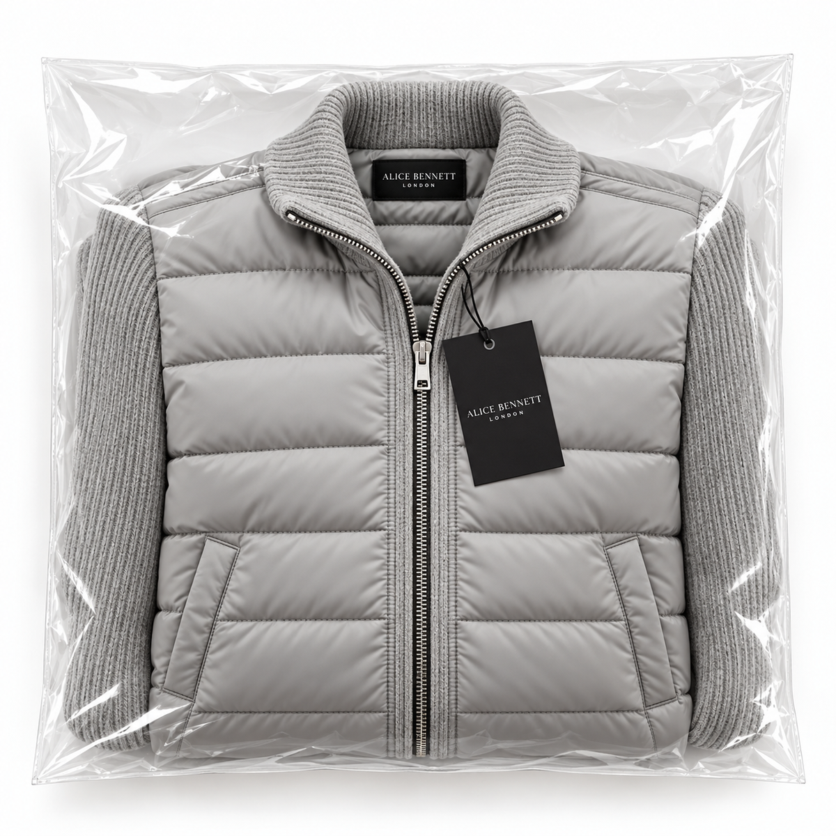 Kylian grey quilted knit jacket shown in Alice Bennett London packaging with hangtag and neck label