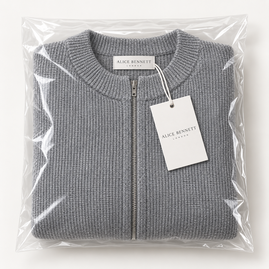 Evelyn soft grey zip-up cardigan folded in Alice Bennett London packaging
