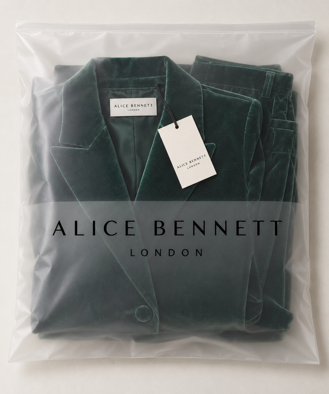 Alice Bennett London branded packaging for emerald velvet suit