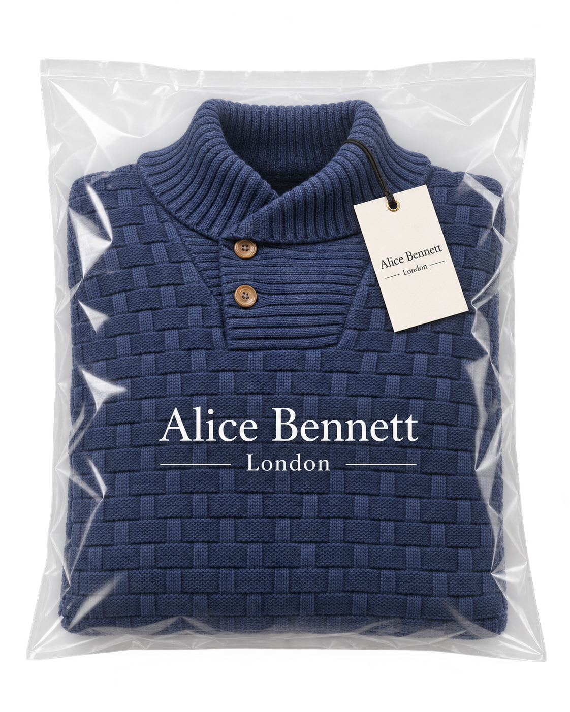 Nevan textured knit jumper folded in Alice Bennett London branded packaging