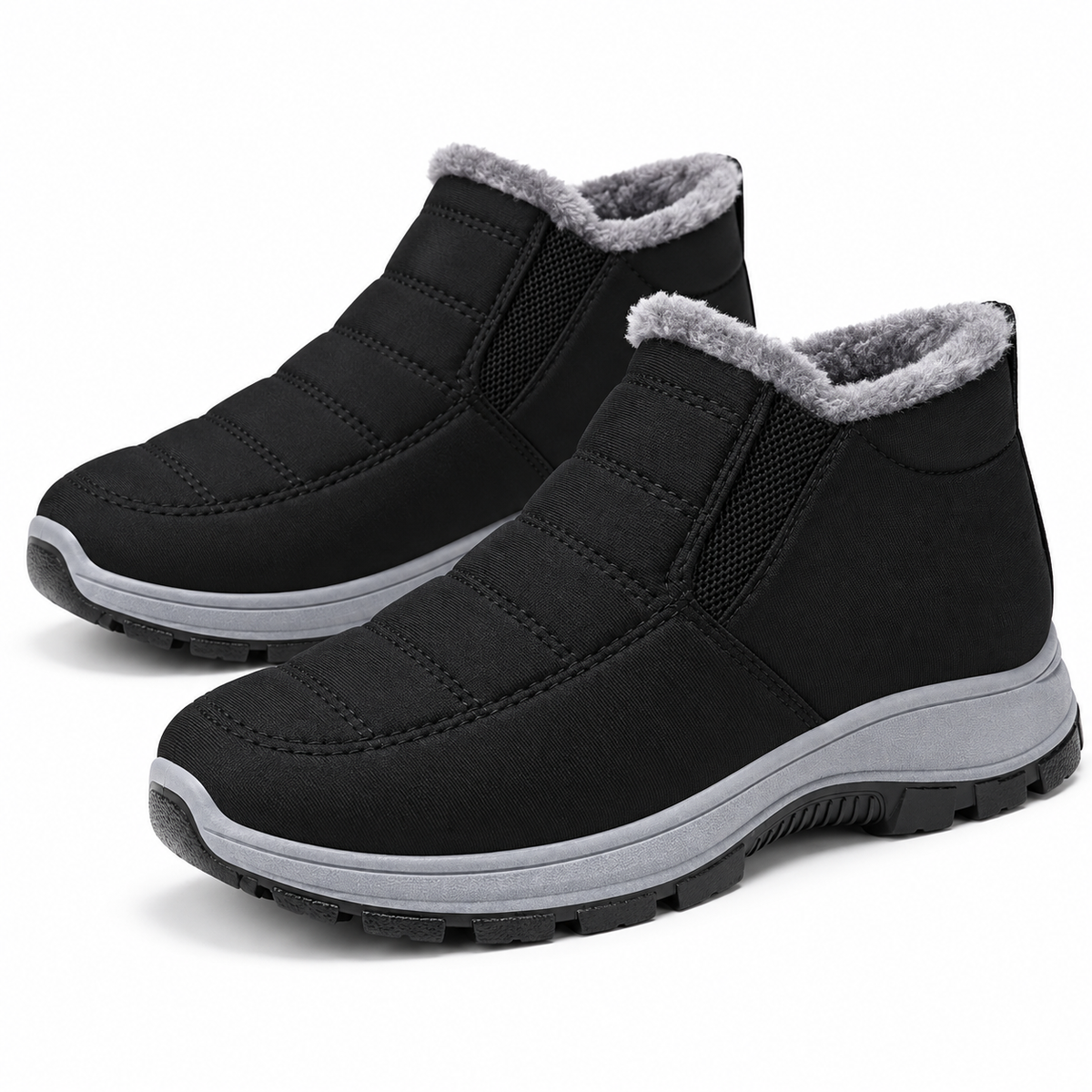 Sianna quilted faux-fur-lined slip-on ankle boots in black on a white background