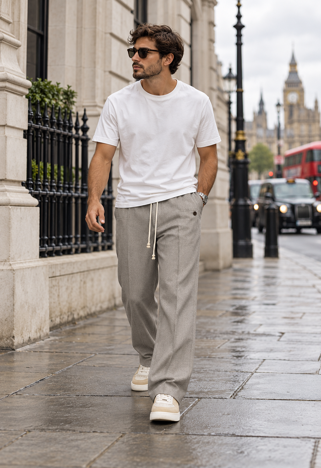Man wearing the light grey drawstring tailored trousers while walking in London