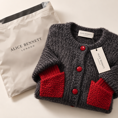 Bellorine textured knit cardigan with Alice Bennett London packaging, hangtag and neck label
