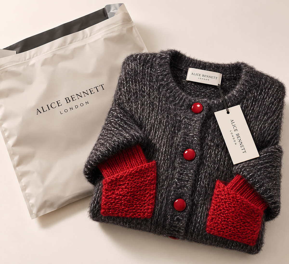 Bellorine textured knit cardigan with Alice Bennett London packaging, hangtag and neck label