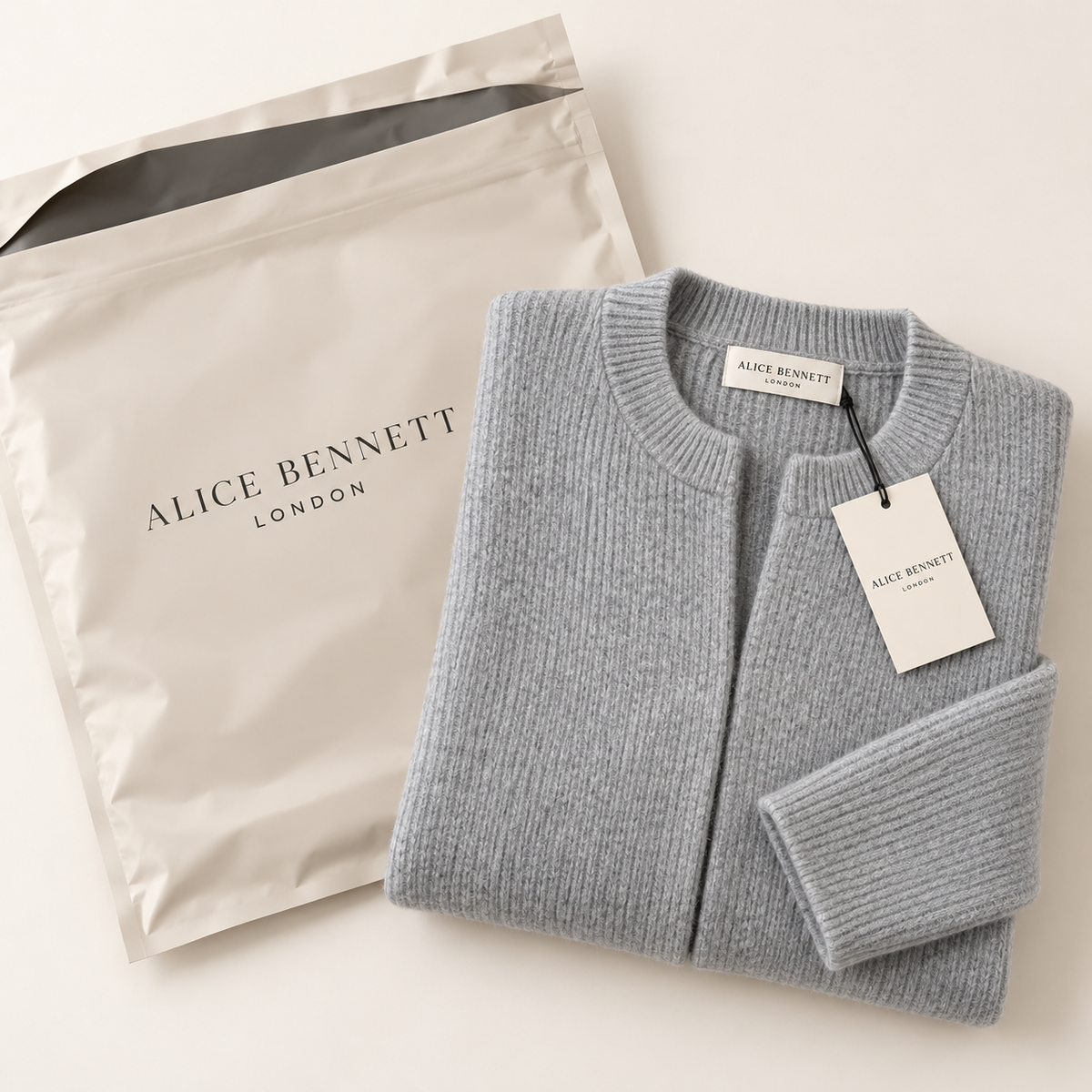 Avenelle relaxed pocket knit cardigan with Alice Bennett London packaging, hangtag and neck label