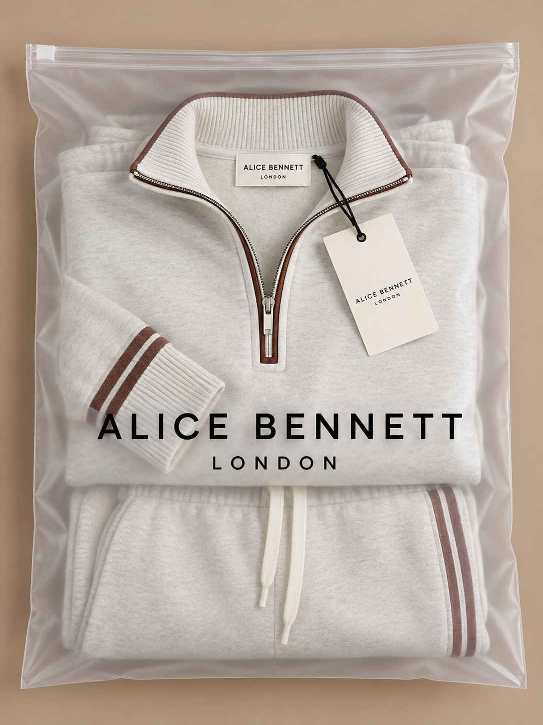 Alice Bennett London packaging for Marietta half-zip tracksuit set